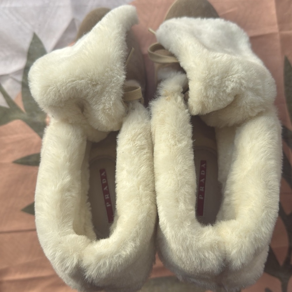 Prada Tan Suede Fur Lace Up Heeled Booties - Picture 3 of 12